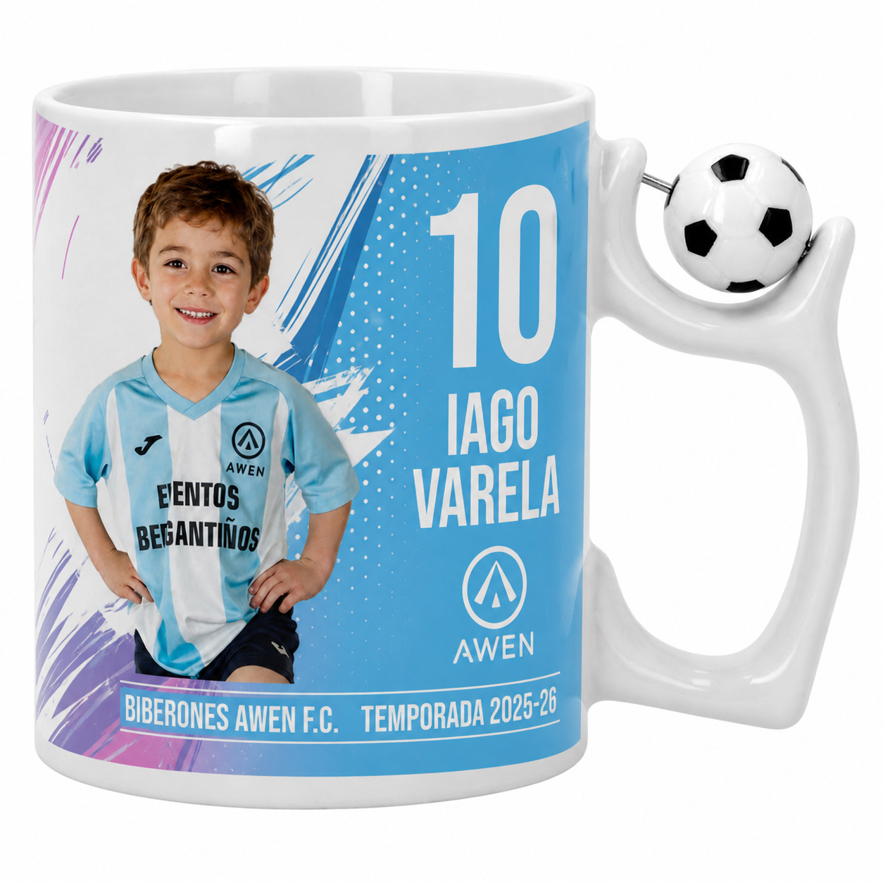Taza personalizada con fotografía deportiva y asa con forma de balón